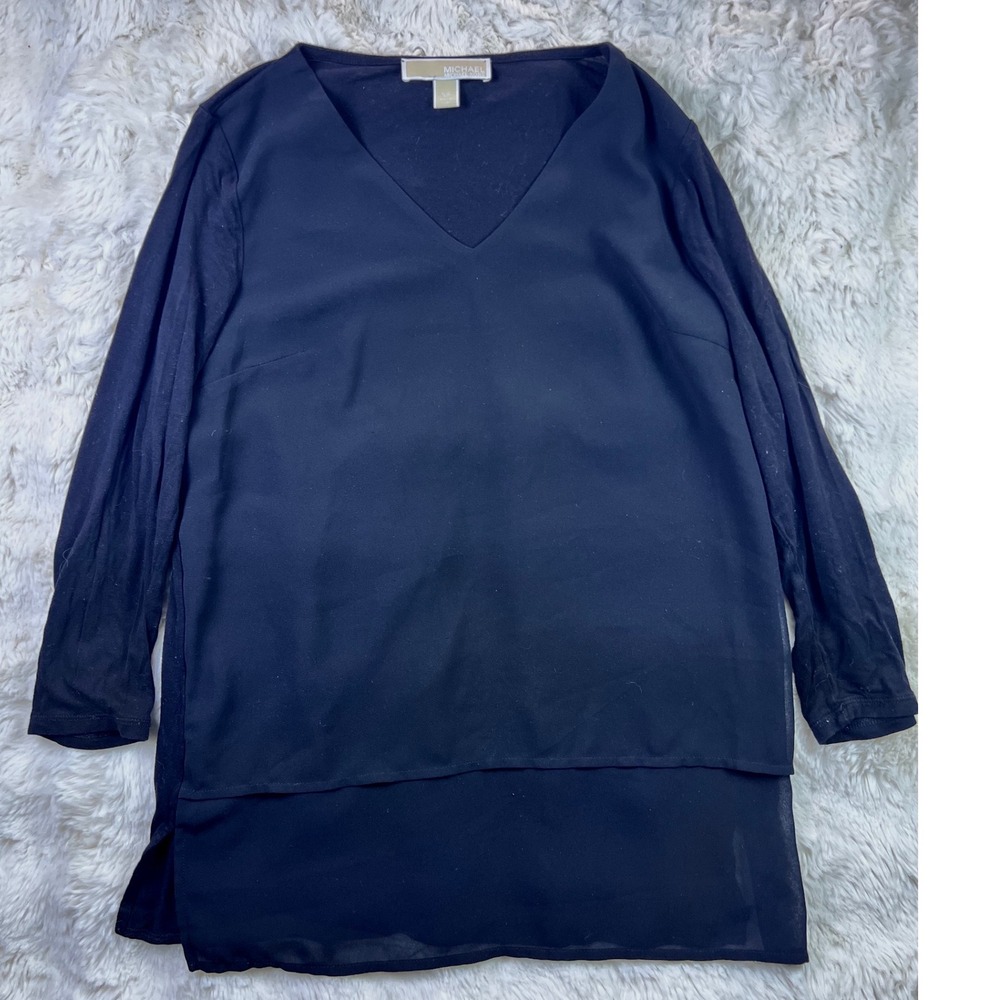 Michael Michael Kors Black V-Neck Layered Hem Long Sleeve Blouse XS. A28